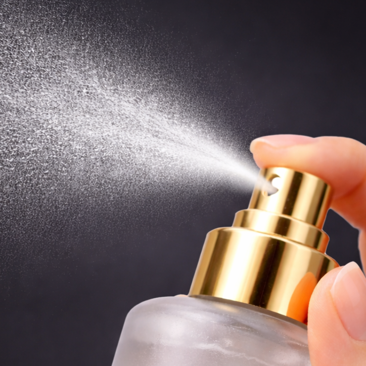 Spray bottle being held with a gold nozzle against a dark background